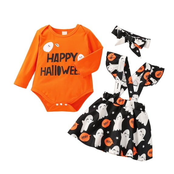 Seyurigaoka Baby Halloween Outfits Letters Romper + Suspenders Skirt + Headband