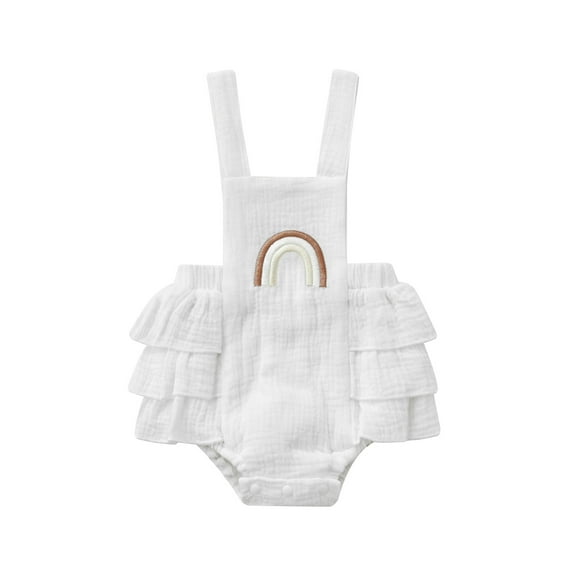 Seyurigaoka Baby Summer Ruffle Romper, Sleeveless Elastic Waist Rainbow Embroidery Strap Bodysuit