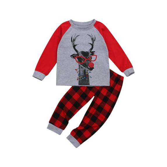 Seyurigaoka Boys Christmas Two-piece Clothes Set, Home Wear Deer Print Pullover + Plaid Long Pants, Red/ Black