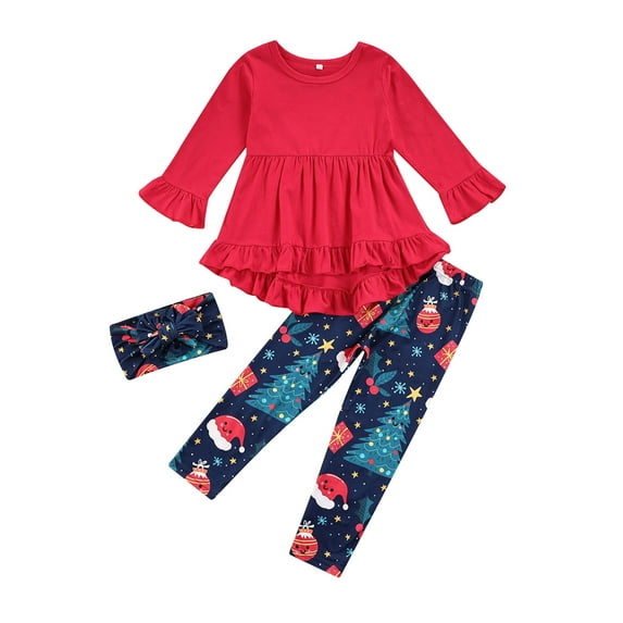 Seyurigaoka Christmas Girl’s Ruffles Long Sleeve Tops and Print Long Pants with Headband Set
