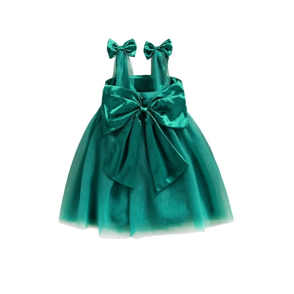 Seyurigaoka Christmas Kids Girls Tulle Dress, Solid Color Boat Neck One-piece with Bowknot