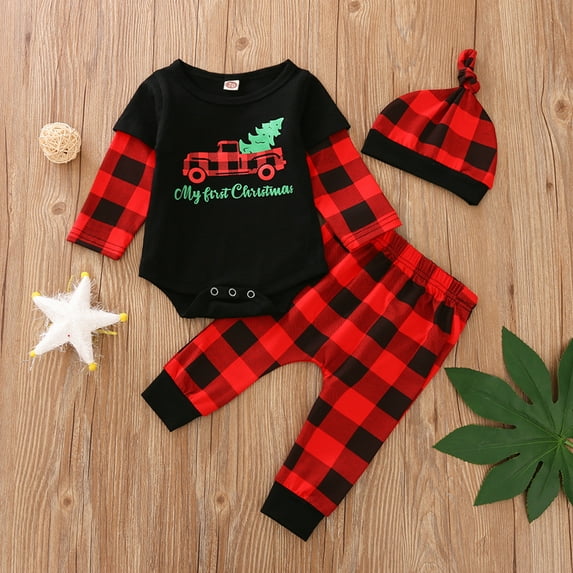 Seyurigaoka Christmas Newborn Infant Baby Patchwork Sleeve Round Neck Letter Romper Elastic Waist Trousers + Beanie Set