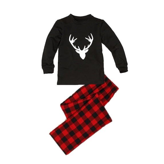 Seyurigaoka Christmas Parent-child Clothes Outfits, Black Long Sleeve Antler Printed Top+Red Plaid Long Pants, Men/ Women/ Kids/ Babies