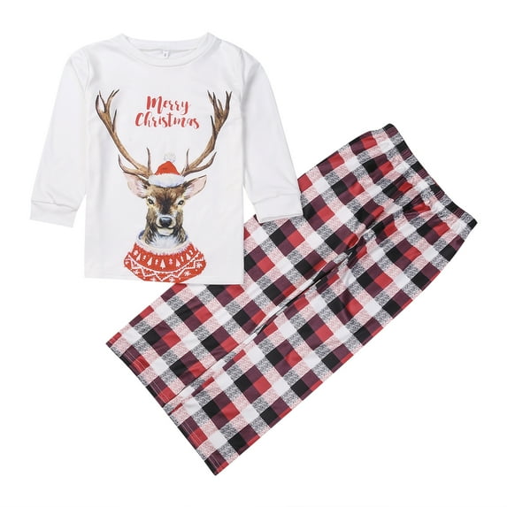 Seyurigaoka Christmas Parent-child Pajamas, Cartoon Letter Print Long Sleeve Round Neck Pullover Plaid Trousers Jumpsuit