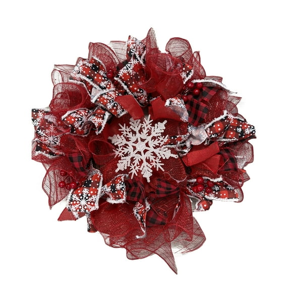 Seyurigaoka Christmas Wreath Fall Winter Front Door Wreath Snowflake Mesh Patchwork Artificial Christmas Wreath for Front Door or Indoor Home Wall Window Décor