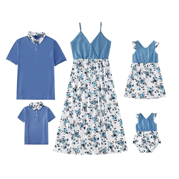 Seyurigaoka Family Matching Casual Floral Outfit, Floral Print Mother Girl Dress Short Sleeve Father Boy Shirt Flying Sleeve Baby Romper