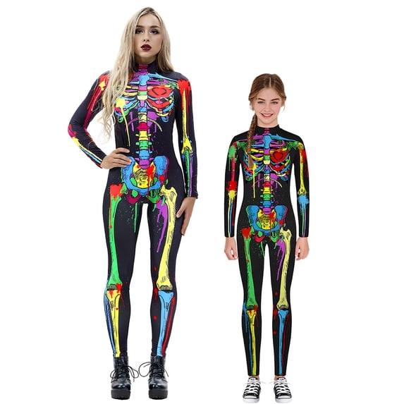 Seyurigaoka Family Matching Halloween Costumes Women Kids Long Sleeve Skeleton Print Jumpsuit for Halloween