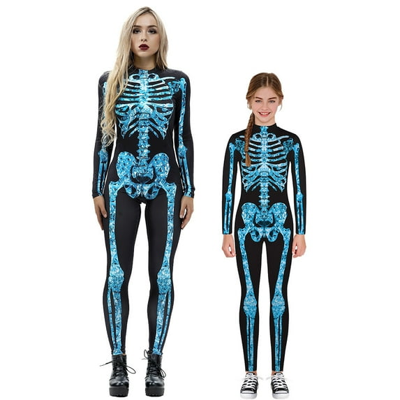 Seyurigaoka Family Matching Halloween Costumes Women Kids Long Sleeve Skeleton Print Jumpsuit for Halloween