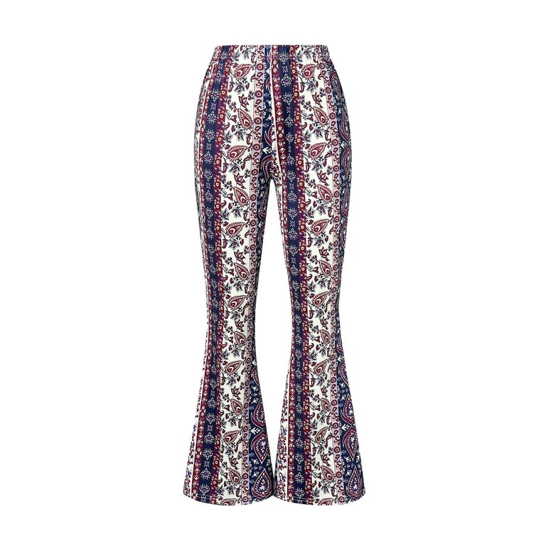 Women Floral Print Bell Bottom Pants Stretchy High Waist Casual