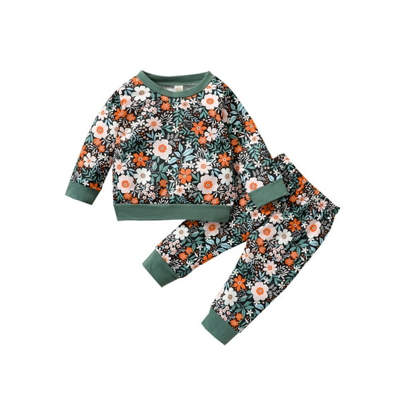 Seyurigaoka Girl Clothes Set Leaves + Flower Printed Pattern Pullover + Pants