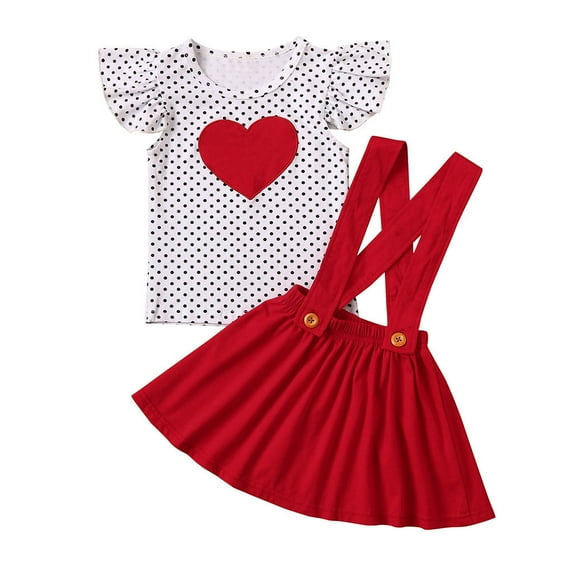 Seyurigaoka Girl’s Polka Dot Heart T-shirt and Solid Color Suspender Skirt Set