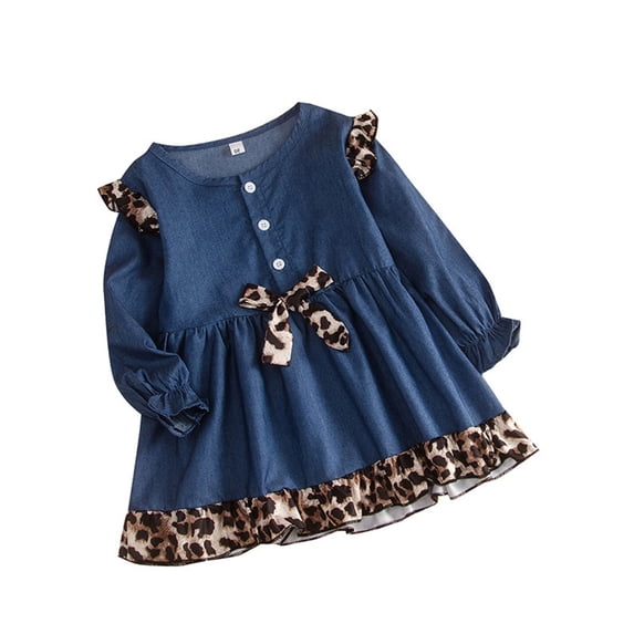 Seyurigaoka Girl's Splicing Denim One-piece Dress, Long Sleeve Leopard Falbala Bow Skirt
