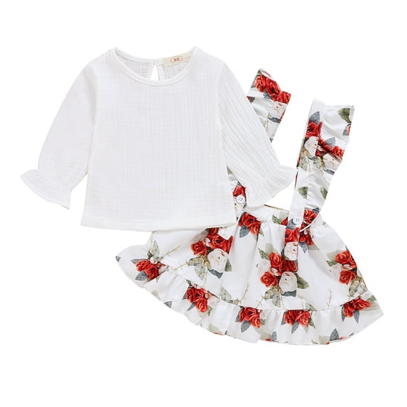 Seyurigaoka Girls 2PCS Outfit Long Sleeve Tops + Floral Print Suspender Skirt