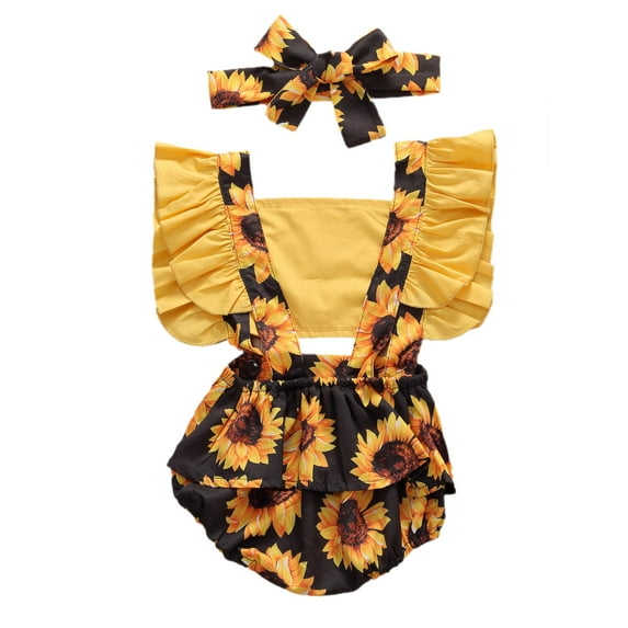 Seyurigaoka Girls Summer Clothes Sleeveless Sunflower Print Romper+Headband