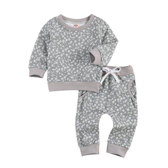 Seyurigaoka Infant Two-piece Clothes Set, Babies Floral Printed Pattern Round Collar Top + Long Pants, Khaki/ Pink/ Grey