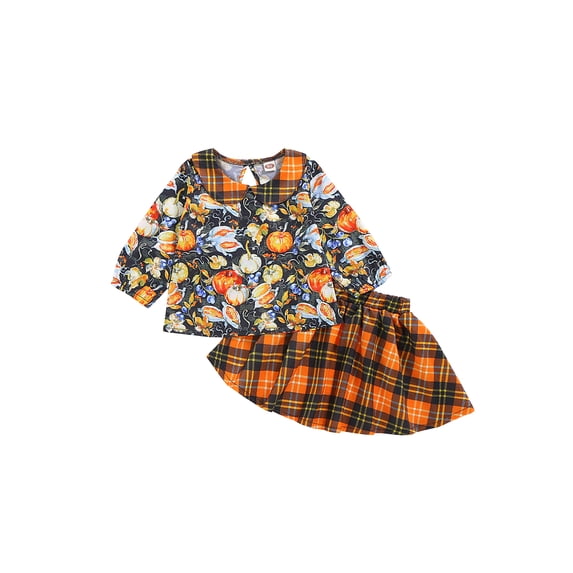Seyurigaoka Kids Halloween Outfit Pumpkin Long Sleeves Tops + Plaid Skirt