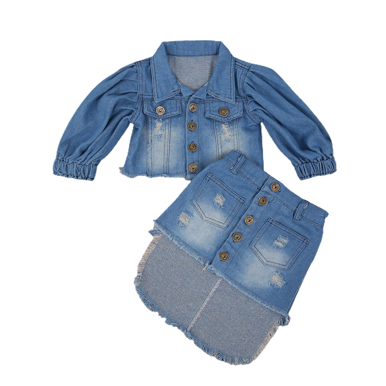 Seyurigaoka Kids Two- piece Clothes Set, Girls Blue Puff Sleeve Open Front Denim Jacket - image 1 of 5