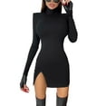 thumbnail image 1 of Seyurigaoka Ladies Sexy Autumn Bodycon Dress, Solid Color High Collar Long Sleeve Split Hip Skirt, 1 of 9