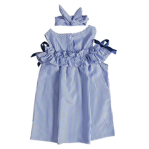 Seyurigaoka Little Girl’s Stripe Ruffles Sleeveless A-line Dress and Headband