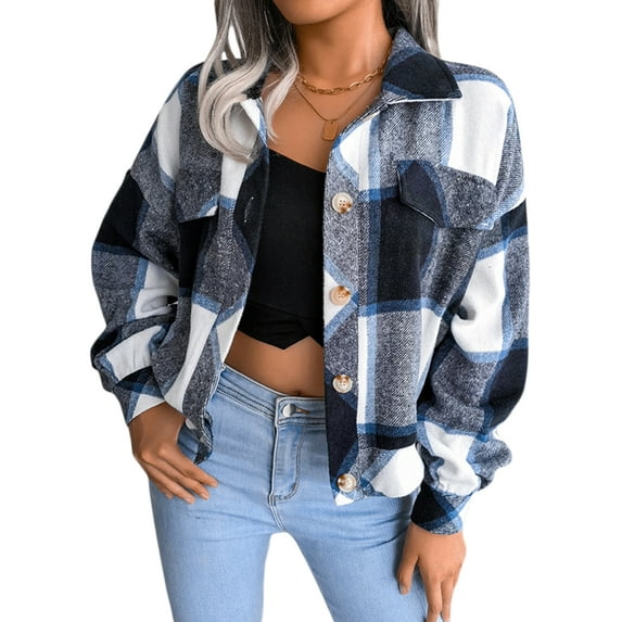 Seyurigaoka Long Sleeve Plaid Color Block Jacket for Women Buttoned Casual Shacket Cardigan Ladies Flannel Wool Blouse Shirts Outwear with Pockets