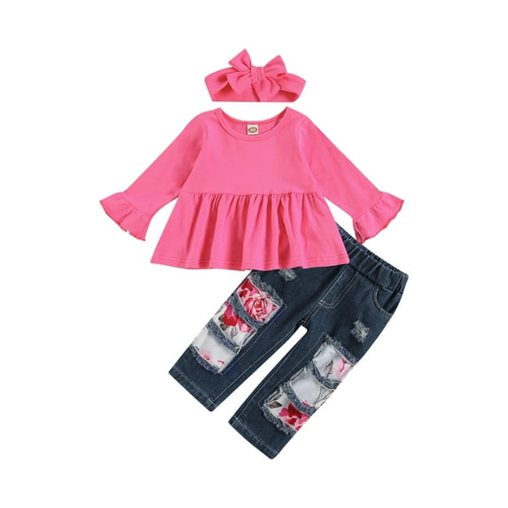 Seyurigaoka Lovely Kid´s Suit, Long Sleeve Round Neck Trumpet Sleeve Elastic Head Cut-out Long Jeans with Bowknot Hairband for Autumn