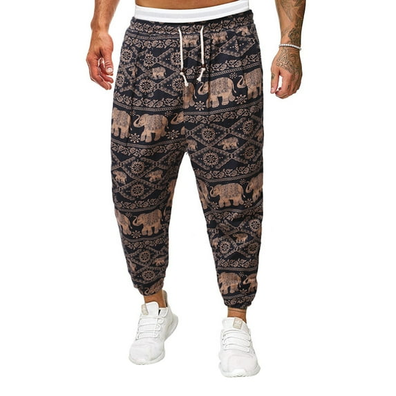 Seyurigaoka Men Casual Pant Graffiti Print Drawstring Tied-Ankle Loose Trousers