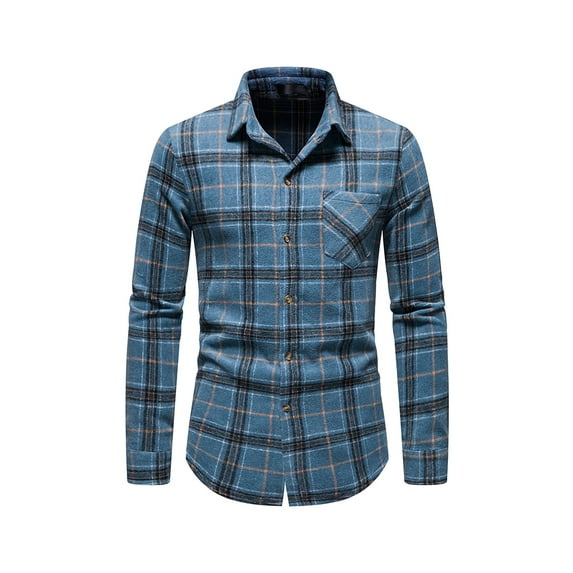 Seyurigaoka Men Juniors Shacket Tops Thick Long-sleeved Lapel Button Closure Plaid Print Shirt