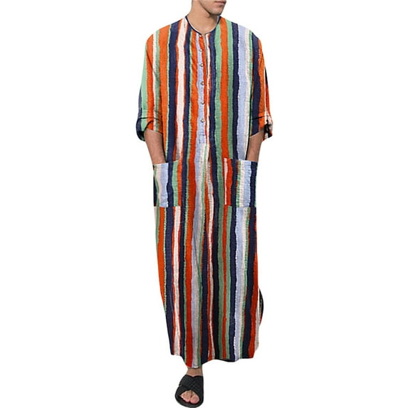 Seyurigaoka Men Muslim Robe Striped Printed Long Sleeve Saudi Arab Kaftan Dress