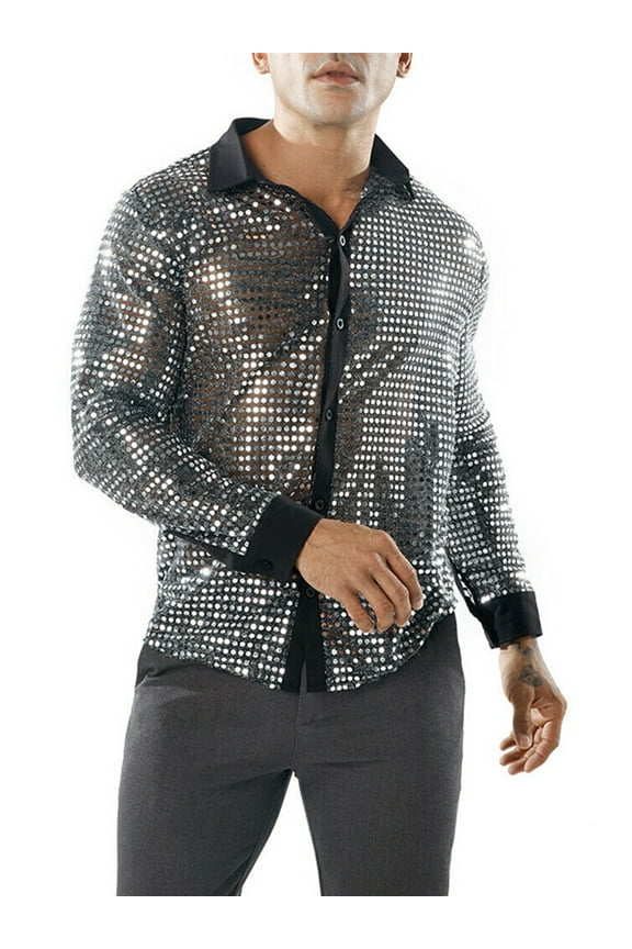 Men's 70s Shiny Sequins Disco Shirts Dude Costumes Long Sleeve Button Down Nightclub Party Costume