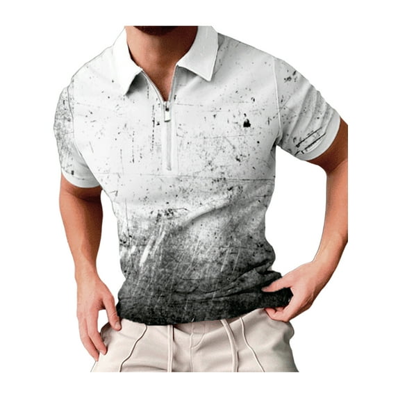 Seyurigaoka Men's Summer Breathable Plus Size T-Shirt, Splatter Print Design Zipper Lapel Short Sleeve Tops