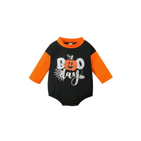 Seyurigaoka Newborn Baby Girl Boy Halloween Romper Tops Pumpkin Letter Spider Web Printed Jumpsuits Long Sleeve Round Neck Snap Crotch Loose Fit Triangle Bodysuit