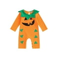 thumbnail image 1 of Seyurigaoka Newborn Baby Halloween Pumpkin Jumpsuit Funny Face Triangle Print Round Neck Long Sleeve Romper for Toddler Girl Boy, 1 of 9