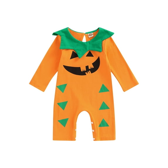 Seyurigaoka Newborn Baby Halloween Pumpkin Jumpsuit Funny Face Triangle Print Round Neck Long Sleeve Romper for Toddler Girl Boy