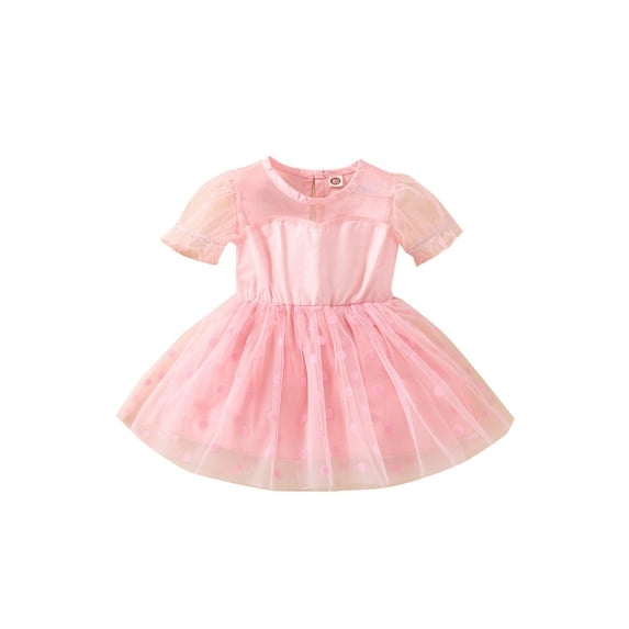 Seyurigaoka Newborn Girl Dress Outfits, Solid Color Short Sleeve Mesh Patchwork Dot Pattern Dress + Cute Headband Set