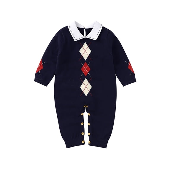 Seyurigaoka Newborn Romper Baby Boys Gentleman Geometric Pattern Jumpsuit