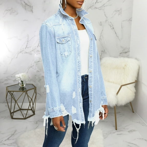 Seyurigaoka Seyurigaoka Women´s Coat, Long Sleeve Irregular Single Row Buttons Denim Jacket for Vacation Party Travelling