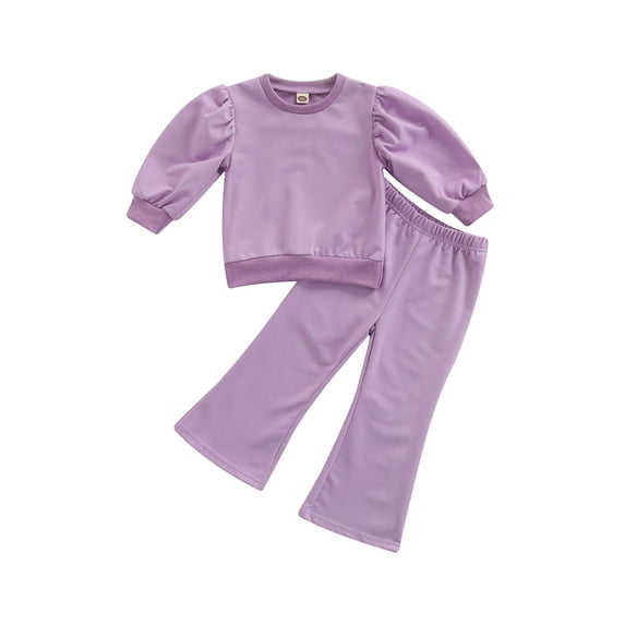 Seyurigaoka Solid Color Lantern Sleeve Round Neck Sweatshirt + Flared Pants