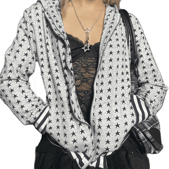 Seyurigaoka Start Print Sweatshirts for Women Long Sleeve Zip-up Tops Vintage Goth Mall E-girl 2000s Dark Academia Baggy Hoody Jacket