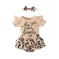 thumbnail image 1 of Seyurigaoka Summer Baby Girls 3 Pieces Outfit, Short Sleeve Letter Embroidery Romper + Floral/Leopard Print Shorts + Headband Set, 1 of 9