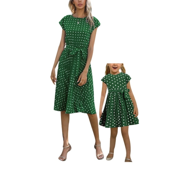 Seyurigaoka Summer Family Matching Dress, Mother and Daughter Short Sleeve Waist Tie Dots Print Dress