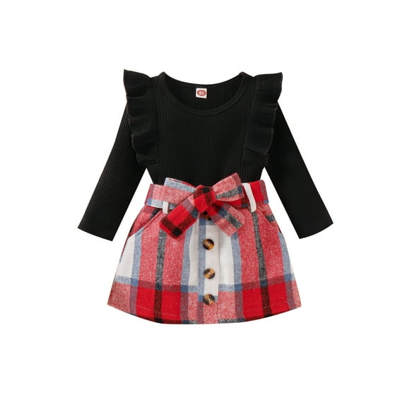 Seyurigaoka Toddler Baby Girl Fall Winter Knit Ribbed Clothes Solid Color Long Sleeve Ruffle Sweater Tops + Plaid Mini Skirt Set