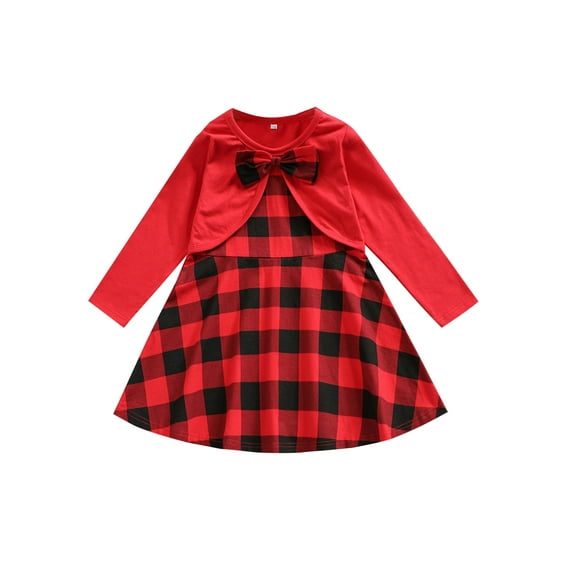 Seyurigaoka Toddler Girl Christmas Dress Long Sleeve Bow Front Plaid Dress