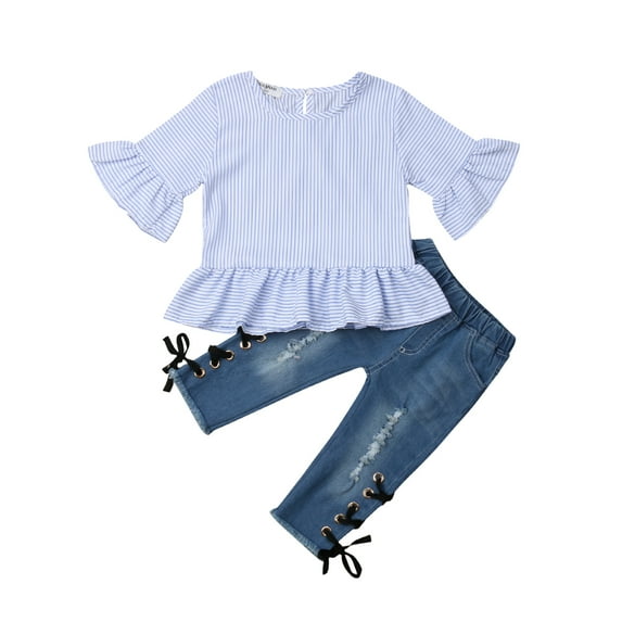 Seyurigaoka Toddler Girl's Half Sleeve Stripe Ruffle Blouse +Ripped Denim Pants
