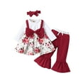 thumbnail image 1 of Seyurigaoka Toddler Girls 3Pcs Fall Outfits Long/Short Sleeve Patchwork Tops + Flare Pants + Bowknot Headband Set, 1 of 9