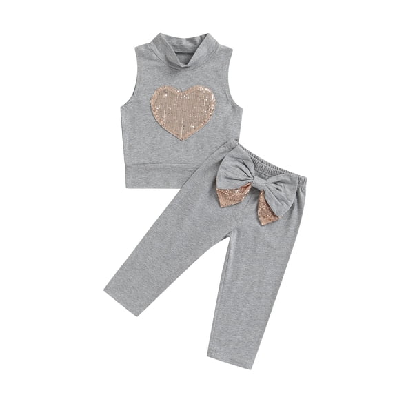 Seyurigaoka Toddler Girls Valentine's 2Pcs Outfit, Sleeveless Sequins Heart Pattern Tops + Elastic Waist Bowknot Trousers Set