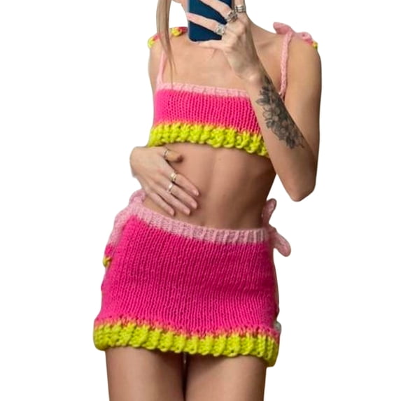 Seyurigaoka Two-Piece 2000s Knitted Set for Women Summer Color Block Patchwork Sleeveless Crop Top and Mini Skirt Matching Suit