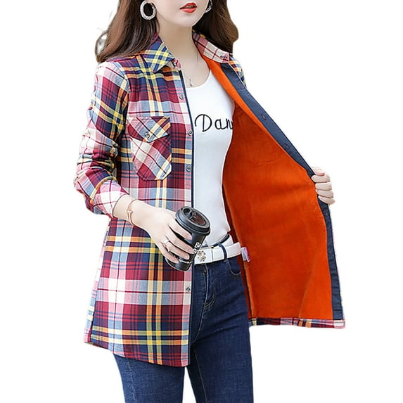 Seyurigaoka Winter Women Juniors Sherpa Wool Lining Shirt Long Sleeve Button-Down Plaid Blouses
