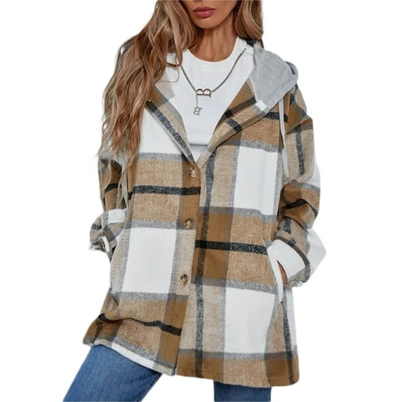 Seyurigaoka Winter Women Juniors Woolen Shacket Coat, Plaid Long Sleeve Hooded Jacket with Pockets