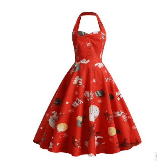 Seyurigaoka Women Christmas A-line Dress, Sleeveless Vintage Print High Waist V-neck Halter Gown