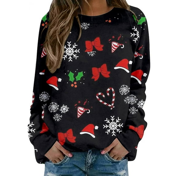 Seyurigaoka Women Christmas Sweatshirt Elk Snowflake Christmas Tree Letter Bow Hat Print Round Neck Long Sleeve Pullover Tops